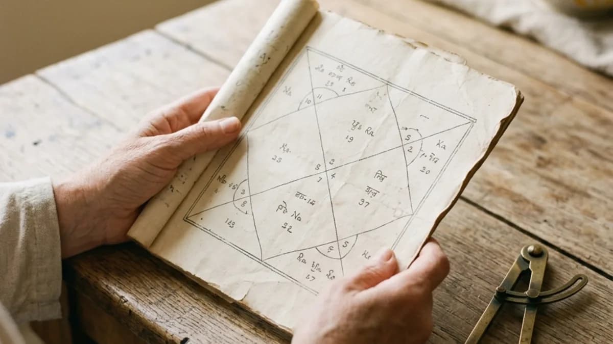 Vedic birth chart diagram on aged paper with brass tools