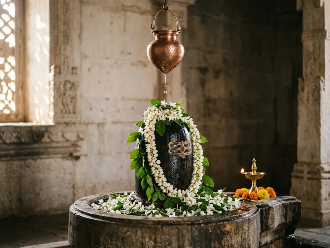 Shiva lingam draped in flowers in temple sanctum