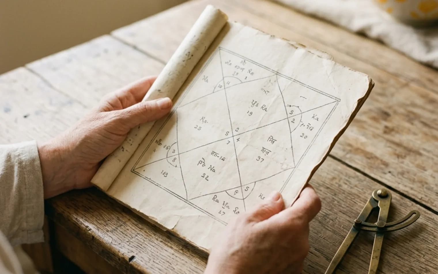 Handwritten Vedic astrology chart on dark slate with brass compass